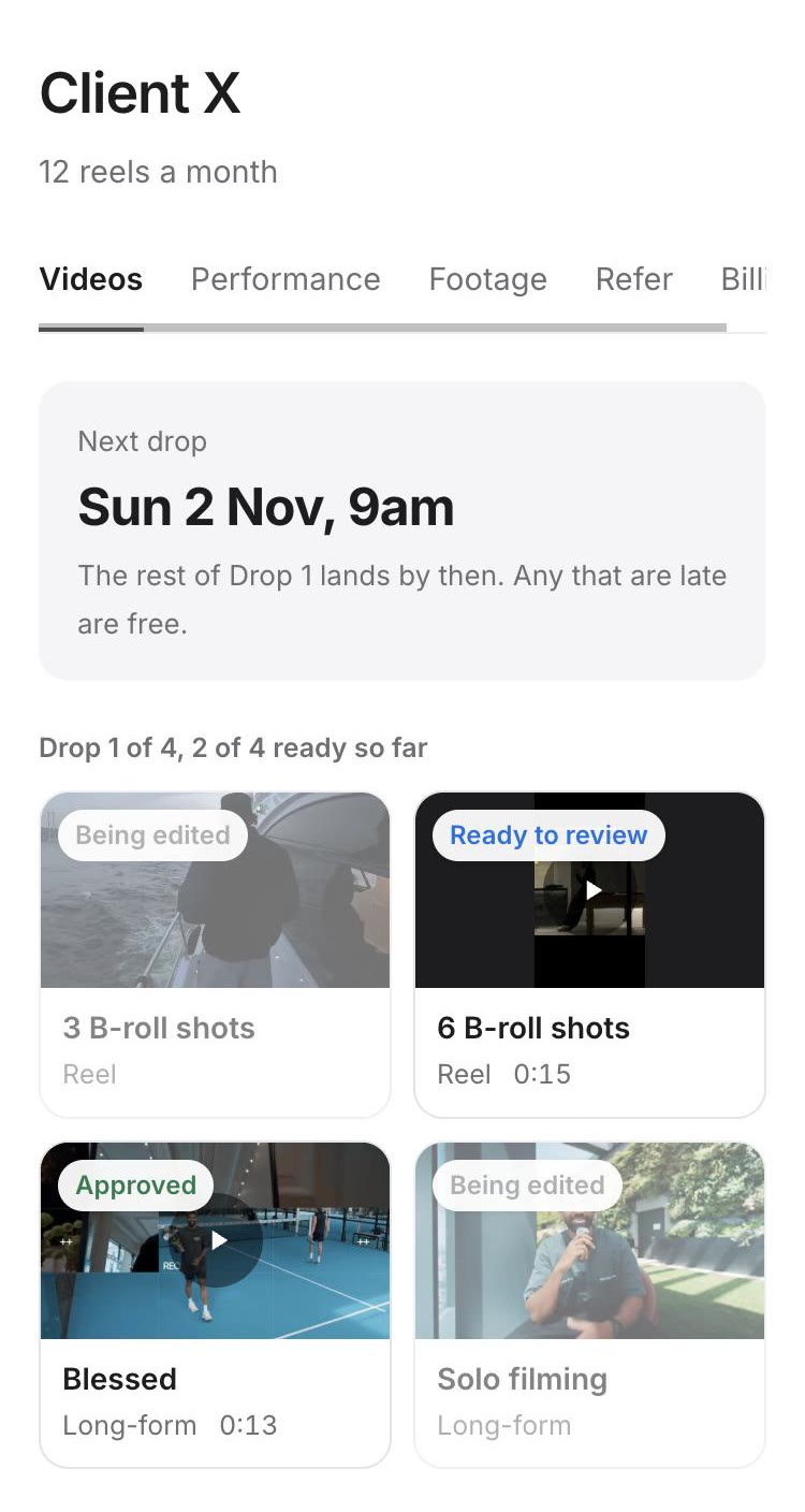 The client portal on a phone, showing this month's videos with their status